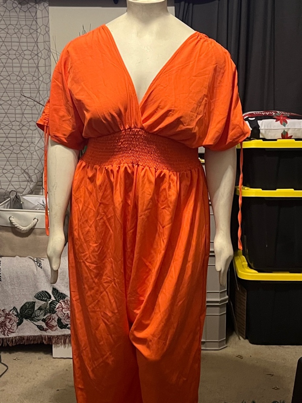 Vibrant Orange V-Neck Smocked Waist Women's Jumpsuit